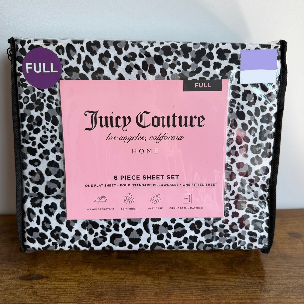 New Juicy Couture Full Size 6 pc White Black Snow Leopard Bedding Sheet Set